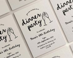 six different types of party cards with wine glasses on them, all in black and white