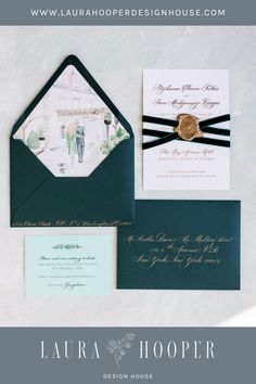 the wedding stationery is laid out on top of an envelope