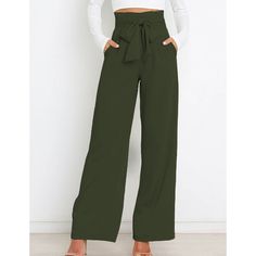 Army Green Bowknot High Waist Wide Leg Pants Casual Belted Wide Leg Pants For Fall, Casual Wide-leg Belted Pants, Fall High-waisted Pants With Tie Waist, Spring Green Pants With Tie Waist, Chic Wide Leg Pants With Tie Waist For Fall, Chic Green Tie-waist Bottoms, Chic Green Bottoms With Tie Waist, Casual Green Belted Pants, Casual Solid Colored Belted Pants