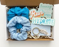 open gift box including 3 sticker, 2 scrunchies and 1 keychain Good Christmas Gifts For Runners, Runner Party Bag Gifts, Runner Boyfriend Gifts, Runner Gift Basket, Long Dostance Runner Gifts, Runners Gift Basket, Cross Country Gift, Runner Gifts, Marathon Gift