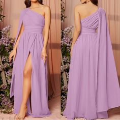 Purple Chiffon Party Dress, Purple Chiffon Bridesmaid Dress For Party, Pre-draped Floor-length Bridesmaid Dress, Purple One-shoulder Dress For Banquet, Purple Fitted Chiffon Bridesmaid Dress, Purple Chiffon Bridesmaid Evening Dress, Purple Dresses For Wedding Guests During Prom Season, Purple One-shoulder Dress For Wedding, One-shoulder Chiffon Bridesmaid Dress