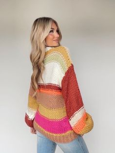 This luxurious Autumn Aesthetic Sweater features a rounded neckline, stripes for added detail, and a relaxed fit. Crafted from a soft, stretchy knit, the sweater boasts a vibrant pop of color and elevated balloon sleeves - perfect for a statement-making look from dinner to brunch to shopping. With its classic autumn essence, you'll have a sweater ready for any occasion. 100% Acrylic Hand wash cold. Aesthetic Sweaters, Warm Spring, Fall Clothes, Rounded Neckline, Autumn Aesthetic, Balloon Sleeves, Egift Card, Dresses Xs, Sweaters & Cardigans