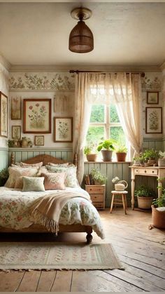 a bed sitting in a bedroom next to a window filled with potted plantes