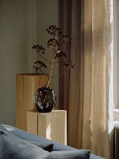 a vase sitting on top of a wooden block in front of a window with curtains