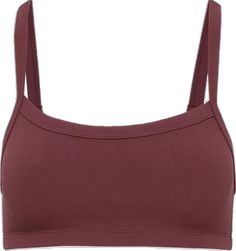 a women's sports bra top with straps on the front and bottom, in maroon