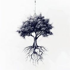 a black and white drawing of a tree with its roots growing out of the ground