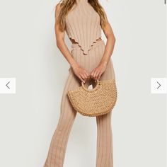 Boohoo Knit Two Piece Set Small Tan Fall Two Piece Set, Chic Brown Ribbed Knit Top, Chic Brown Knit Top For Summer, Beige Ribbed Knit Top For Summer, Chic Brown Knit Top For Spring, Ribbed Beige Knit Top, Chic Neutral Knit Top For Summer, Chic Beige Knit Top For The Beach, Co Sets Outfits