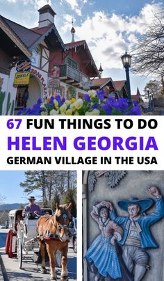 a horse drawn carriage with the words fun things to do in helen george german village in the usa