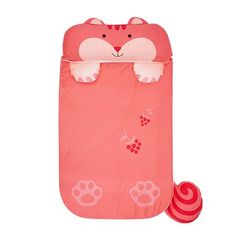 a pink sleeping bag with an animal face on it and a ball in the middle