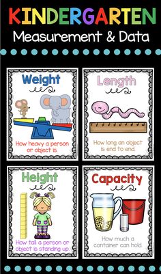 four posters with different types of measurement and data for kids to use in their classroom