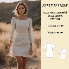 a women's dress sewing pattern with long sleeves and a boat neckline in white