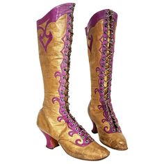 Antique 1890's Cammeyer Couture Gold and Purple Leather Lace-Up Victorian Boots For Sale at 1stDibs | victorian knee high boots, antique victorian lace up boots, vintage boots Boots Victorian, Century Shoes, Victorian Boots, Gold And Purple, Ysl Heels, Snakeskin Heels, Leather Lace Up Boots, Leather Espadrilles, Metal Lace