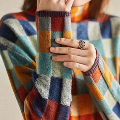 Multicolor Geometric Pattern Sweater For Fall, Multicolor Long Sleeve Sweater With Geometric Pattern, Multicolor Geometric Pattern Long Sleeve Sweater, Multicolor Geometric Pattern Top For Fall, Fall Multicolor Geometric Pattern Top, Fitted Multicolor Patchwork Sweater, Colorful Sweater Outfit, Multicolored Sweater, Knit Plaid