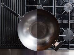 an empty frying pan sitting on top of a stove next to a burner