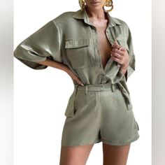 Chicme Women's Sage, Wide Sleeve, Button Down, Fitted Shorts Set Material: Polyester Color: Sage Finish: Button, Zip Casual Buttoned Shorts For Loungewear, Summer Loungewear Bottoms With Buttons, Summer Loungewear Shorts With Buttons, Summer Shorts With Buttons For Loungewear, Casual Shorts With Button Closure For Loungewear, Summer Loungewear Bottoms With Button Closure, Spring Workwear Button-up Shorts, Spring Button-up Workwear Shorts, Chic Shorts With Button Closure For Summer