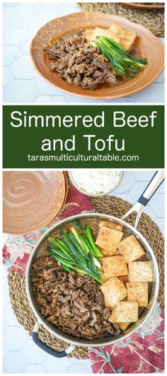 Simmered Beef and Tofu on a brown plate and in a pan. Beef Tofu Recipe, Healthy Asian, Lamb Recipe, Firm Tofu, Single Recipes, Holiday Dessert Recipes, Japanese Recipes, Asian Inspired Recipes, Tasty Healthy