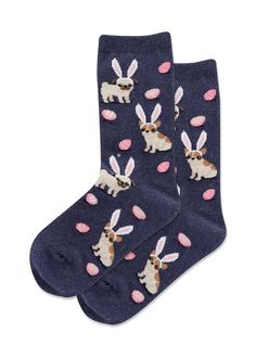 Easter socks for kids feature adorable pups wearing white bunny ears with festive pink Easter eggs surrounded them! #Eastersocks #dogsocks #kidssocks Easter Socks, Easter Dogs, Fall Socks, Easter Dog, Summer Sock, Funky Socks, Allover Pattern