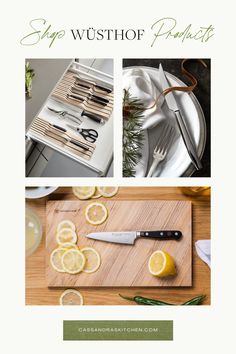 a cutting board topped with sliced lemons next to utensils and knifes