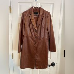 Express Brown Genuine Leather Jacket, Size 5/6, Great Condition Spring Leather Long Coat For Work, Spring Workwear Leather Long Coat, Spring Long Leather Jacket For Work, Spring Workwear Long Leather Jacket, Brown Leather Jacket With Notch Lapel For Spring, Brown Notch Lapel Leather Jacket For Spring, Leather Long Sleeve Blazer For Fall, Long Sleeve Leather Blazer For Fall, Fall Workwear Leather Long Jacket