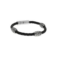 Add a cool new piece to your daily look with this black ion-plated stainless steel and black leather bracelet.Click on this JEWELRY & WATCHES GUIDE to learn about fit, styles, materials and more! Length: 8.5 in. Clasp: push lock Metal: stainless steel Plating: black ion-plated Finish: polished Packaging: pouch Size: 8.5". Gender: male. Age Group: adult. Adjustable Stainless Steel Edgy Bracelets, Black Bracelet For Everyday Use, Black Bracelets With Strap For Everyday Use, Black Stainless Steel Jewelry For Everyday Use, Edgy Silver Bracelet With Black Band, Edgy Silver Bracelets With Black Band, Black Jewelry Bracelet Strap For Everyday Use, Edgy Leather Jewelry With Black Band, Modern Black Leather Bracelet For Everyday Use