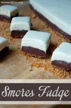 chocolate and marshmallow fudge cake with text overlay that reads, smores fudge