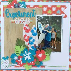 a scrapbook page with an image of two people standing next to a surfboard