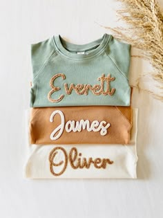 three t - shirts with the words'everett, james, and silver written on them