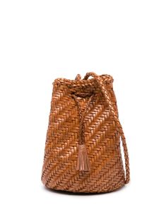 brown leather interwoven design logo charm tassel detail tie-top fastening single shoulder strap main compartment Dragon Diffusion, Iconic Bags, Ballet Pumps, Demi Fine Jewelry, Dolce E Gabbana, Boot Pumps, Summer Beach Wear, Tie Top, Fine Earrings