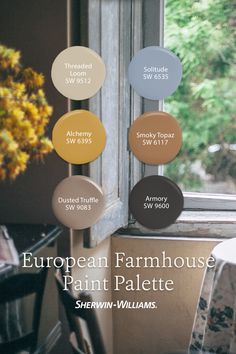 the european farmhouse paint palette is shown in shades of brown, yellow, and blue