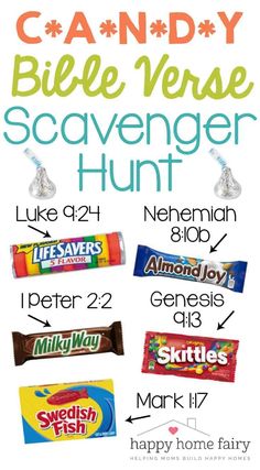 a candy bar poster with the words candy, bible verse and scavenger hunt