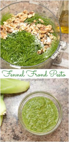 some food is in a glass bowl on the counter and next to it is a green pesto