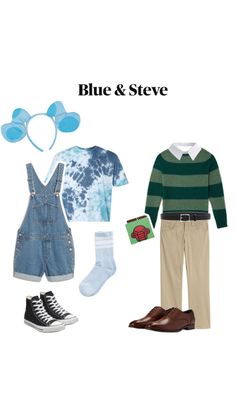 the blue and steve costume is shown with shoes, socks, and an ear - shaped headband