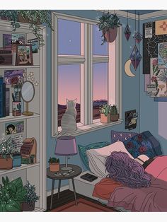 a bedroom with a cat sitting on the window sill looking out at the sunset