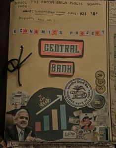 an old book with some stickers on the front and back cover that says, economic project central bank