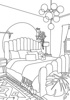 a black and white line drawing of a bedroom with a bed, nightstands, lamps and curtains