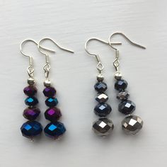 "*Handmade items *Materials: metallic rondelles (blue, purple, black, silver), silver-plated hooks, beaded on earring pins  *Earring length: approximately 1.5\" [4 cm] including the hooks If another length is preferred, contact seller   Includes gift box 4cm x 5cm" Silver Beaded Earrings With Faceted Beads, Silver Round Beaded Earrings With Faceted Beads, Silver Beaded Earrings With Spacer Beads, Silver Dangle Beaded Earrings With Spacer Beads, Silver Spacer Beads Drop Earrings, Handmade Silver Crystal Earrings, Chip Bead Jewelry, Earring Pins, Diy Jewelry Unique