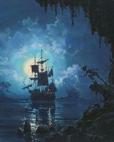 a painting of a pirate ship sailing in the ocean at night with full moon behind it