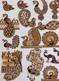 an image of peacocks and other birds on white paper with gold foiled details