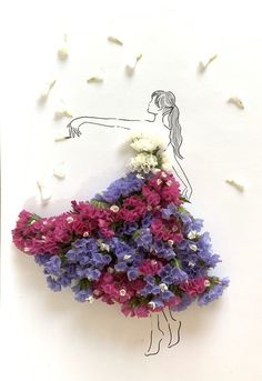 a drawing of a woman in a dress made out of flowers