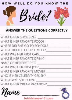 a question card for the bride to answer her questions