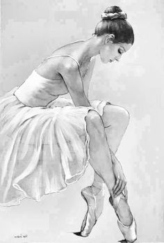 a black and white drawing of a ballerina in ballet attire with her feet on the ground