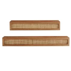 two wooden shelves with wicker design on them