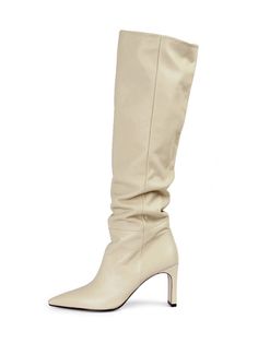 * Custom order: This product will be made after your order(Can not cancel or exchange  after order, please purchase carefully.)Design- Knee High Boots_Prawe- Soft natural cow leather- Wide calf line- Natural wrinkle detail- Trendy pointed toe- Wide heel lineMeasurements(in.)- Heel height: 3.1 in - 225 (US 5.5)- Length: 17.3 in / Ankle circumference: 10.2 in / Calf circumference: 14.1 in- 230 (US 6)- Length: 17.5 in / Ankle circumference: 10.4 in / Calf circumfe Elegant Beige Boots With 4-inch Heel, Wide Heels, Wide Calf, Cow Leather, Knee High Boots, Knee High, Heel Height, Boots, Heels