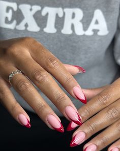 Wine 🍷 frenchies🍷🫦 #dovenailsbysharon Red French Top Almond Nails, Interesting French Nails, Red Tip Nails Almond, French Red Tip Nails, Almond Red French Tip Nails, Short Almond French Tip, French Nails Red, Colored French Tip Nails, Almond French Tip Nails