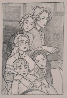 a drawing of three women sitting next to each other