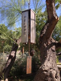 a bird feeder hanging from a tree in a park