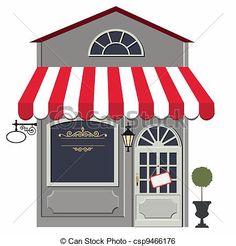 an image of a store with red and white awnings on the front door