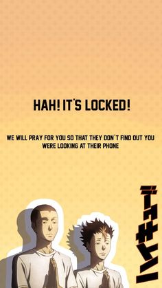 two men standing next to each other in front of a yellow background with the words hait's locked