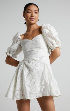 Brailey Mini Dress - Puff Sleeve Fit and Flare Dress in White | Showpo USA White Jacquard Dress, Showpo Dress, Reception Outfits, Wedding Festivities, Day To Night Dresses, Graduation Dresses, Shower Dresses, Engagement Dresses, Mini Robes