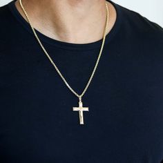 "Material: 14K Gold Hollow Chain Width: 3.5MM Available Lengths: 20\", 22\", 24\" -Approximate Gram Weights- 20\": 18.0 gram 22\": 19.4 gram 24\": 20.8 gram -Pendant Dimensions- Height: 40mm Width: 25mm CHAINZ offers the highest quality 14K gold jewelry for men at the best prices. Contact us on Etsy Convo for custom sizing requests." Gold Crucifix With Figaro Chain Jewelry, Gold Diamond Cut Crucifix Jewelry, Yellow Gold Cross Jewelry With Figaro Chain, 14k Gold Cross Figaro Chain Jewelry, 14k Gold Jewelry With 17 Jewels, 14k Gold Crucifix Necklace With Polished Finish, Yellow Gold Cross Jewelry With Curb Chain, Gold Cross Necklace With Polished Finish, Gold Diamond Cut Cross Pendant Jewelry